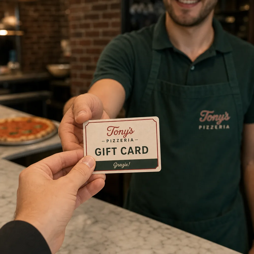 Pizzeria team member handing a gift card to a guest