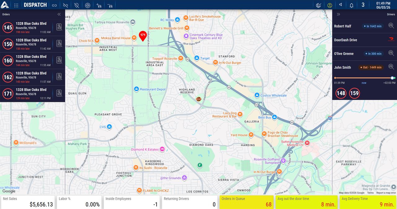 Adora V4 POS delivery dispatch screen