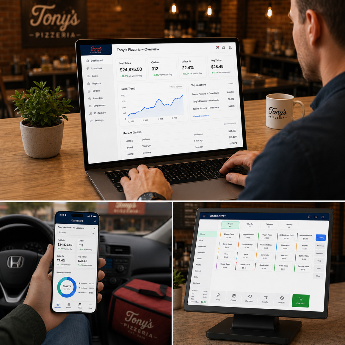 Enterprise Management — dashboard, mobile, and terminal views across every store