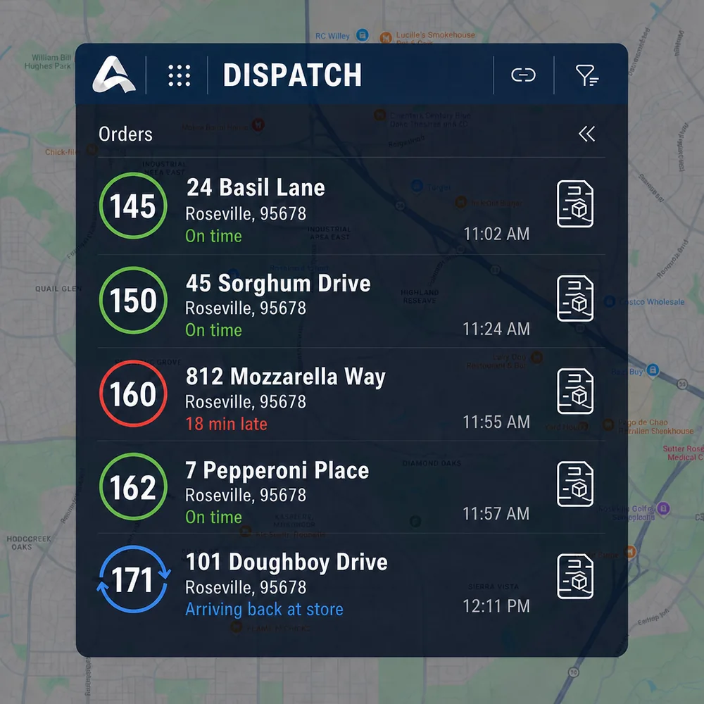 Adora delivery dispatch board over a city map listing active delivery orders by number, address, and promise time