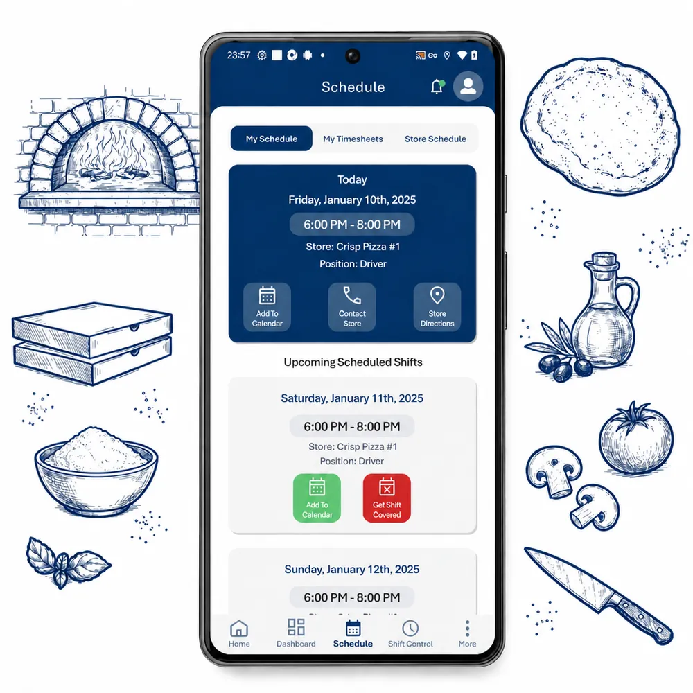 Adora Connect employee scheduling on a phone over an illustrated pizzeria background